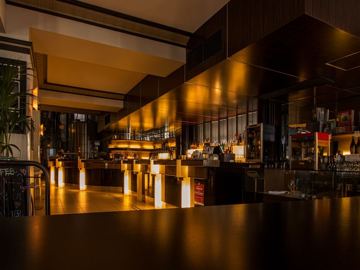 The room at night, the counter lit from behind
